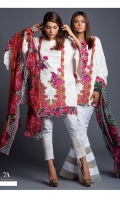 White on white impression self- printed kameez with multicolored floral borders with Russian inspired silk thread embroidery. Paired with a bright orange chiffon blend dupatta with bold floral design. 