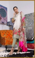 A shaded beige, digitally printed linen shirt offset by a vibrant red cross-stitched silk-thread embroidered floral border. Printed back and sleeves with a chiffon-blend dupatta of floral trellis patterns.