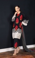 Slub-lawn monochromatic chevron printed shirt with a pop color Indian floral embroidered front. Printed back and sleeves with a monochromatic blend-chiffon dupatta.