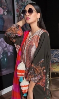 Mendhi-green digital printed linen shirt with a fusion of Kashmiri shawl and floral prints. Color-blocked pink and orange blend-chiffon dupatta.