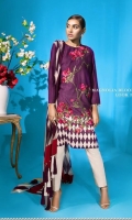 An aubergine and cream harlequin pattern shirt, printed on slub-lawn fabric, offset by a modern Chinese pink floral design with a silk-thread embroidered front. Printed sleeves and back with a monochromatic blend-chiffon dupatta. 