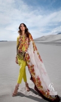 Elegant chintz embroidered front on gold paste print along with gold paste sleeves and back on lime green base paired with a blended chiffon dupatta and a cotton trouser.