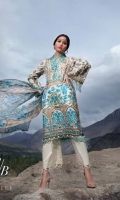 Delicate Turkish designed  embroidery in bright colors on front, along with gold paste sleeves and back accentuated with a blended chiffon printed dupatta and a cotton trouser.