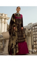 Gold printed shirt on lawn fabric with Indian jacquard dupatta & dyed cotton pants 
