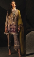 Gold printed front on LAWN: 1.15m Gold printed back on LAWN: 1.15m Gold printed sleeves on LAWN: 0.65m Gold Printed Dupata on Cotton net: 2.5m Embroidered Daman on Organza Embroidered patti: 1m Dyed Cotton pants: 2.5m