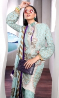 Embroidery front with print: 1 .25m Printed back: 1.25m Printed sleeves: 0.65m Embroidery neck line Printed cotton pants: 2.5m Printed jacquard Dupattas: 2.5m