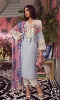 A pale blue and white color-blocked digitally printed lawn shirt with a fusion of Hibiscus Flowers and Kashmiri elements and a floral embroidered neck on organza and border. Complemented by a floral dupatta in pink with printed pants.