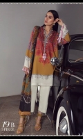 A mustard and ivory color-blocked digitally-printed lawn shirt with a fusion of paisleys and pearls. Complemented with a Suzani pattern dupatta in moss green and dyed pants.