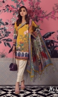 A mango-yellow digitally-printed lawn shirt with a fusion of Indian and Mughal motifs and a floral embroidered patch on organza. Complemented by a Mughal inspired digitally-printed dupatta.
