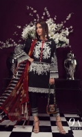 A black and white lawn shirt with an embroidered front and printed back and sleeves. A fusion of French lace and florals in print and embroidery, complemented with a maroon bold floral and stripe edged printed chiffon dupatta and pants.