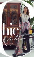 A black and cream color-blocked digital-print lawn shirt with a fusion of orchids and Kashmiri print design and a floral embroidered patch on organza. Complemented by a Mughal inspired digital-print chiffon dupatta with pants.