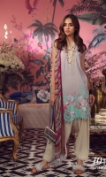 A cream embroidered front with cream back and sleeves on woven lawn with a placement of pansy flowers and a floral trellis embroidered border. Complemented by a geometric printed chiffon dupatta in olives, lavender and mint with cream pants.