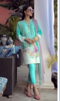 A ferozi and white lawn shirt with an ombre’ print accentuated with a fusion of orchid flowers and ferns embroidered on organza. Complemented by a dotted lavender dupatta and dyed pants.
