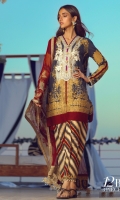 Gold Printed front on lawn: 1.20m Gold Printed back on lawn: 1.20m Gold Printed sleeves on lawn: 0.65m Embroidered neck on organza Printed pants: 2.5m Gold printed Dupatta on silver chiffon: 2.5m