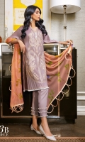 Embroidered front on lawn: 1.20m Printed back on lawn: 1.20m Printed sleeves on lawn: 0.65m Dyed pants: 2.5m Printed Dupatta on silver chiffon: 2.5m