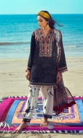 Printed front on lawn: 1.20m Printed back on lawn: 1.20m Printed sleeves on lawn: 0.65m Embroidery on organza Printed pants: 2.5m Printed Dupatta on silver chiffon: 2.5m