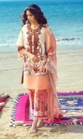 Digitally printed front on lawn: 1.20m Digitally printed back on lawn: 1.20m Digitally printed sleeves on lawn: 0.65m Embroidered neck on organza Printed pants: 2.5m Printed Dupatta on silver chiffon: 2.5m
