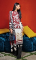 Embroidered digital printed front on lawn: 1.20m Digitally printed back on lawn: 1.20m Digitally printed sleeves on lawn: 0.65m Dyed pants: 2.5m Printed Dupatta on silver chiffon: 2.5m