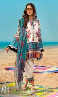Embroidered front on lawn: 1.20m Digitally printed border on lawn Digitally printed back on lawn: 1.20m Digitally printed sleeves on lawn: 0.65m Dyed pants: 2.5m Printed Dupatta on silver chiffon: 2.5m