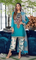 Dyed front on lawn: 1.20m Printed back on lawn: 1.20m Printed sleeves on lawn: 0.65m Embroidery on organza Printed pants: 2.5m Embroidered dupatta on Polynet: 2.5m