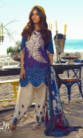 Dyed front on lawn: 1.20m Printed back on lawn: 1.20m Printed sleeves on lawn: 0.65m Embroidered bunch on organza Embroidered daman on organza Dyed pants: 2.5m Digitally printed Dupatta on silk: 2.5m