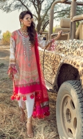 Digitally Printed Front On Lawn 1.15 meters Digitally Printed Back On Lawn 1.15 meters Digitally Printed Sleeves On Lawn 0.65 meter Printed Dupata On Silver Chiffon 2.5 meters Embroidered Neck On Organza