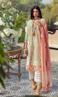 Printed Shirt Front On Lawn 1.15 meters Printed Shirt Back On Lawn 1.15 meters Printed Sleeves On Lawn 0.65 meter Embroidered Panel On Dyed Lawn Printed Dupatta On Chiffon 2.5 meters Dyed Cotton Pants 2.5 meters