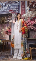 Schiffli embroidery on pure lawn front: 1.25m Printed pure lawn back: 1.25m Printed pure lawn sleeves: 0.65m Digital Printed poly silk Dupatta: 2.5m Embroidered patch on organza.  Dyed cotton pants