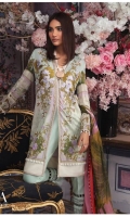 Digitally printed pure lawn front: 1.25m Digitally printed pure lawn back: 1.25m Digitally printed pure lawn sleeves: 0.65m Printed blend chiffon Dupatta: 2.5m Embroidered bodice on dyed organza.  Dyed cotton pants