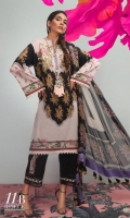 Digitally printed pure lawn front: 1.25m Digitally printed pure lawn back: 1.25m Digitally printed pure lawn sleeves: 0.65m Printed blend chiffon Dupatta: 2.5m Embroidered patches on dyed organza.  Dyed cotton pants