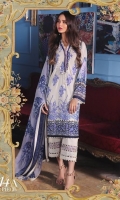 Embroidered pure lawn front: 1.25m Digitally printed pure lawn back: 1.25m Digitally printed pure lawn sleeves: 0.65m Printed blend chiffon Dupatta: 2.5m Embroidered border on dyed organza.  Dyed cotton pants