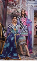 Digitally printed pure lawn front: 1.25m Digitally printed pure lawn back: 1.25m Digitally printed pure lawn sleeves: 0.65m Embroidered net Dupatta: 2.5m Embroidered neck on dyed organza.  Dyed cotton pants