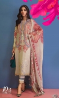 Digitally printed pure lawn front: 1.25m Digitally printed pure lawn back: 1.25m Digitally printed pure lawn sleeves: 0.65m Printed blend chiffon Dupatta: 2.5m Embroidered on dyed organza.  Dyed cotton pants