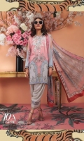 Digitally printed pure lawn front: 1.25m Digitally printed pure lawn back: 1.25m Digitally printed pure lawn sleeves: 0.65m Printed blend chiffon Dupatta: 2.5m Embroidered on dyed organza.  Dyed cotton pants