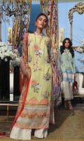 Embroidered pure dobby front: 1.25m Dyed pure dobby back: 1.25m Dyed pure dobby sleeves: 0.65m Printed blend chiffon Dupatta: 2.5m Printed border on lawn.  Dyed cotton pants