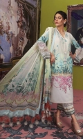 Digitally printed pure lawn front: 1.25m Digitally printed pure lawn back: 1.25m Digitally printed pure lawn sleeves: 0.65m Digitally printed blend chiffon Dupatta: 2.5m Embroidered border on dyed lawn.  Dyed cotton pants