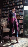 Black lawn Kameez offset by hot pink mimosa floral print border paired with classic floral bunches with rich embroidered pattern on sleeves. Paired with a complementary dupatta in monochromatic leaves patterns with pink florals and a monochrome border.  Fabric: lawn shirt with blend chiffon dupatta. Silk thread Embroidery on sleeves.