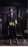 Black lawn Kameez offset by vibrant yellow mimosa floral print border paired with classic floral bunches with rich embroidered pattern on sleeves. Paired with a complementary dupatta in monochromatic leaves patterns with yellow florals and a monochrome border.  Fabric: lawn shirt with blend chiffon dupatta. Silk thread Embroidery on sleeves.