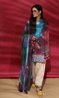 Digitally printed front on COTON SATIN: 1.20m Digitally printed back on COTON SATIN: 1.20m Digitally printed sleeves on COTON SATIN: 0.65m EMBROIDERED NECK ON ORGANZA Dyed pants: 2.5m Printed WOOLLEN SHAWL: 2.5m