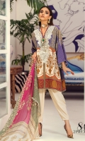Digitally printed front on LINEN: 1.20m Digitally printed back on LINEN: 1.20m Digitally printed sleeves on LINEN: 0.65m EMBROIDERED NECK ON NET Printed SILVER CHIFFON DUPATTA: 2.5m