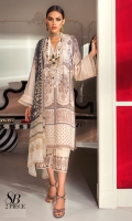 Digitally printed front on LINEN: 1.20m Digitally printed back on LINEN: 1.20m Digitally printed sleeves on LINEN: 0.65m EMBROIDERED NECK ON NET Printed SILVER CHIFFON DUPATTA: 2.5m