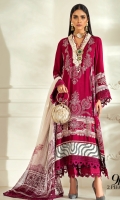 Printed front on LINEN: 1.20m Printed back on LINEN: 1.20m Printed sleeves on LINEN: 0.65m PRINTED BORDER FOR DAMAN 2M EMBROIDERED NECK ON NET Printed SILVER CHIFFON DUPATA: 2.5m
