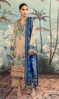 Embroidered Shirt Front On Slub	1.20 meters Dyed Shirt Back On Slub	1.20 meters Embroidered Sleeves On Slub	0.65 meter Embroidered Neck On Slub	  Printed Rotary Border On Lawn	3 meters Printed Blend Pashmina Shawl	2.5 meters Dyed Pants On Cotton	2.5 meters