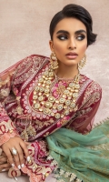 1 Embroidered Poly Net Front Center Panel 1 Pcs 2 Embroidered Poly Net Front Left & Right Panel 2 Pcs 3 Embroidered Poly Satin Shoulder Motifs 2 Pcs 4 Embroidered Poly Satin Front Neckline 1 Pcs 5 Embroidered Poly Satin Front Back Daman Border 2 Pcs 6 Embroidered Poly Net Back Panel 1.15 Mtr 7 Embroidered Poly Net Sleeves 0.65 Mtr 8 Embroidered Poly Satin Sleeves Border 2 Mtr 9 Embroidered Peach Poly Satin Sleeves Border 2 Mtr10 Puff Paste Printed Poly Net Dupatta 2.5 Mtr 11 Embroidered Lace Border 10 Mtr 12 Dyed Thai Silk Slip 2 Mtr 13 Gold Printed Raw Silk Trouser 2.5 Mtr 14 Dori Tessel 1 Mtr 15 Embroidered Flower Motifs 12 Pcs