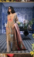 Stunning shades of sand with accents of coral and aqua come together, inspired by the ocean at dawn, in this heavily embroidered kameez embellished with Sana Safinaz artisanal floral motifs. The shirt comes paired with a pure silk dupatta and raw silk trousers for subtle impact.