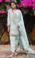 Printed front on lawn: 1.15m Printed back on lawn: 1.15m Printed sleeves on lawn: 0.65m 01-Embroidered kuful on organza 01-meter Embroidered patti on organza Printed cotton pants: 2.5m Dyed blended zari and cotton weave Dupatta: 2.5m Printed border on lawn 1mtr