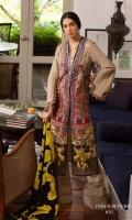 Slub shirt with a Sindhi inspired embroidered front combined with an organza hem appliqued with bold yellow floral bunches. Sleeves and back feature a running border and are complemented with a printed woolen shawl in an abstract design and dyed cotton pants.