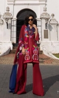 Slub shirt with a bold Turkish inspired woolen thread embroidered front and a back and sleeves with a printed border. Dyed cotton pants and a woolen shawl.