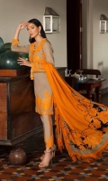 Pop orange shirt with Balochi inspired woolen thread embroidery on a beige slub base with printed back and sleeves. Cotton dyed fabric trouser accompanied with a bold printed woolen shawl with a floral printed border.