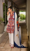 Slub shirt with bold Persian inspired wool thread embroidered front, printed border on sleeves and back. Cotton dyed pants and a pure woolen printed shawl featuring a bright and playful design. 